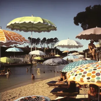 Retro beach scene with floating umbrellas and levitating sunbathers - Image 2