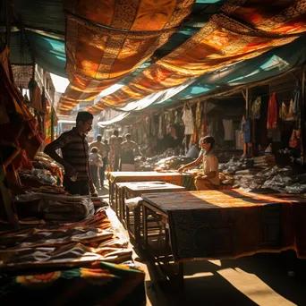 Vendor showing local handicrafts in a busy bazaar with sunlight streaming through colorful awnings. - Image 3