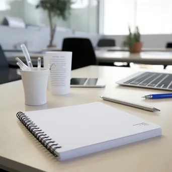 Plain notebook and pencil on a white desk - Image 2