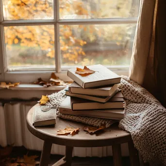 Wooden table with books, blanket, and autumn leaves in natural light - Image 1