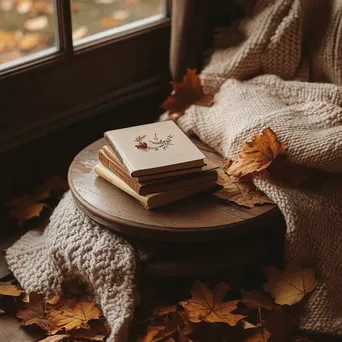 Wooden table with books, blanket, and autumn leaves in natural light - Image 4