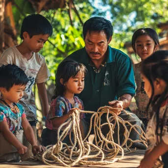 Rope maker teaching children traditional methods outdoors - Image 1