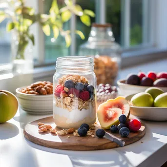 Jar of overnight oats topped with nuts and fruits - Image 4