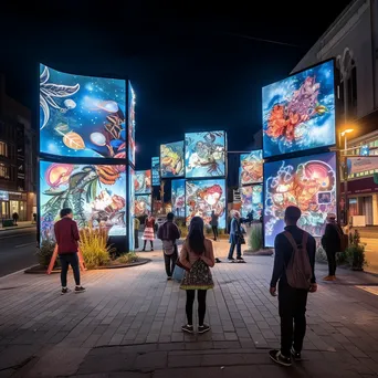 Urban street with colorful digital art installations powered by renewable energy - Image 2