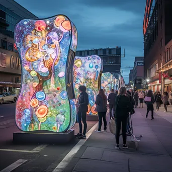 Urban street with colorful digital art installations powered by renewable energy - Image 3