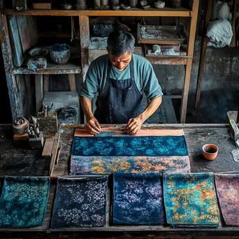 Textile worker dyeing linen using vibrant natural pigments. - Image 1