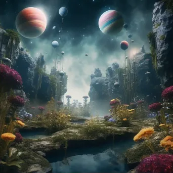 Celestial Garden with Planets and Waterfalls