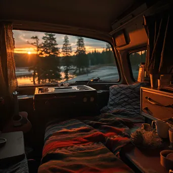 Cozy van interior with an open door and sunset view - Image 1