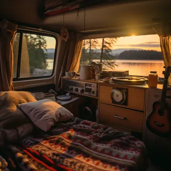 Cozy Van Interior with Sunset View