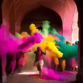 Image of a colorful Holi celebration with people throwing powders in the air - Image 1