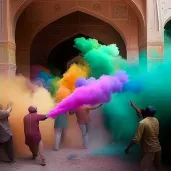 Image of a colorful Holi celebration with people throwing powders in the air - Image 2