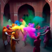 Image of a colorful Holi celebration with people throwing powders in the air - Image 4