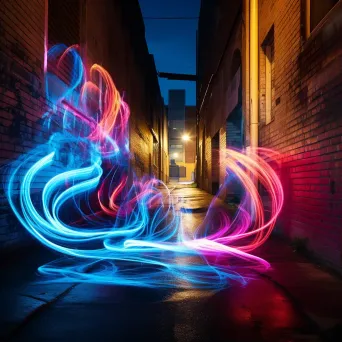 Urban alleyway with vibrant light streaks in abstract painting - Image 1