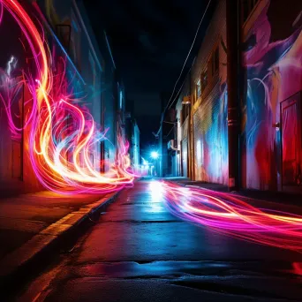 Urban alleyway with vibrant light streaks in abstract painting - Image 2