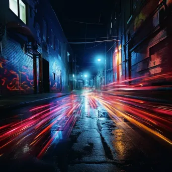 Urban alleyway with vibrant light streaks in abstract painting - Image 3