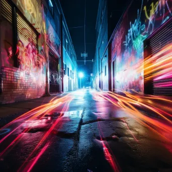 Urban Alleyway Light Painting with Vibrant Streaks