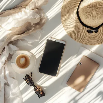 Top-down view of a smartphone with fashion accessories on a minimalist backdrop - Image 1