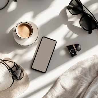 Top-down view of a smartphone with fashion accessories on a minimalist backdrop - Image 3