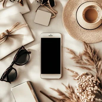 Top-down view of a smartphone with fashion accessories on a minimalist backdrop - Image 4