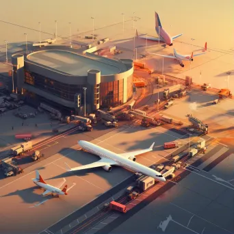 Isometric view of a low poly bustling airport at sunset - Image 1