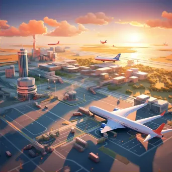 Isometric view of a low poly bustling airport at sunset - Image 2