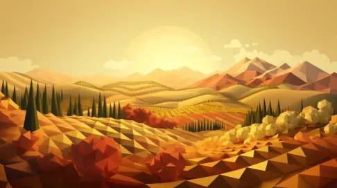 Isometric view of a low poly vineyard bathed in sunset light - Image 1