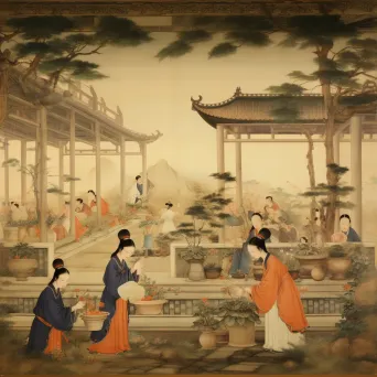 Silk scroll painting of a vibrant Tang Dynasty scene with markets and gardens - Image 3