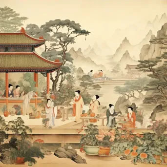 Silk scroll painting of a vibrant Tang Dynasty scene with markets and gardens - Image 4