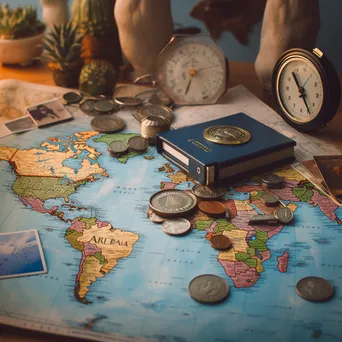 Close-up of a passport, vintage map, and travel stickers on a flat surface. - Image 4