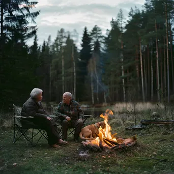 Elderly couple reminiscing by a bonfire with a dog - Image 1