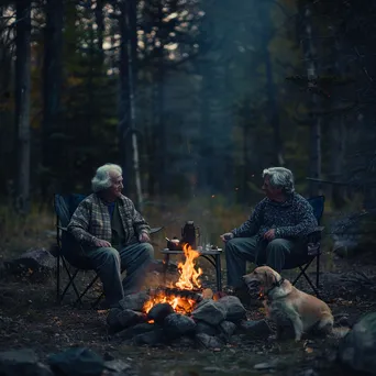 Elderly couple reminiscing by a bonfire with a dog - Image 3