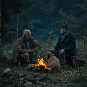 Elderly couple reminiscing by a bonfire with a dog - Image 4