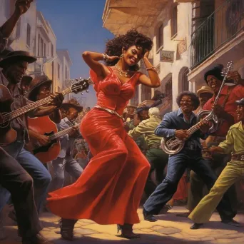 Lively salsa dance with musicians in urban setting - Image 1