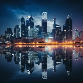 Modern city skyline reflecting in calm waters at night - Image 2