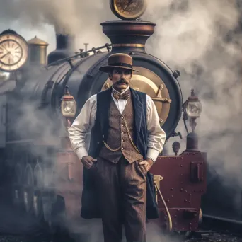 Vintage portrait of a train conductor in front of steam locomotive - Image 1