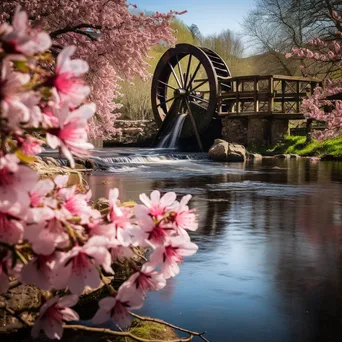 Traditional weir surrounded by spring flowers - Image 1