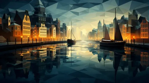 Low poly night cityscape with lit buildings and polygonal river reflection - Image 3