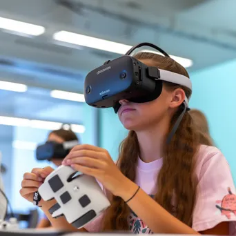 Students immersed in virtual reality science experiments with VR headsets. - Image 3