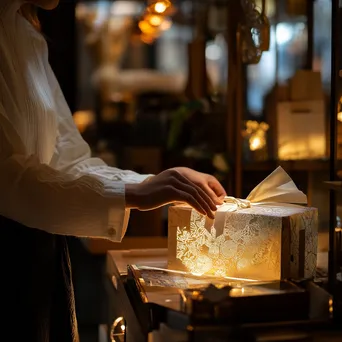 Cashier carefully wrapping a gift with decorative paper in a boutique. - Image 1