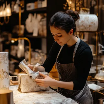 Cashier carefully wrapping a gift with decorative paper in a boutique. - Image 3