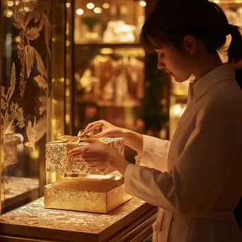 Cashier carefully wrapping a gift with decorative paper in a boutique. - Image 4