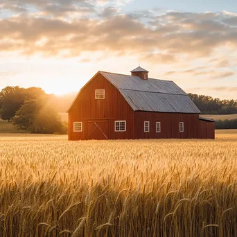 Rustic red barn in golden wheat fields at sunset - Image 1