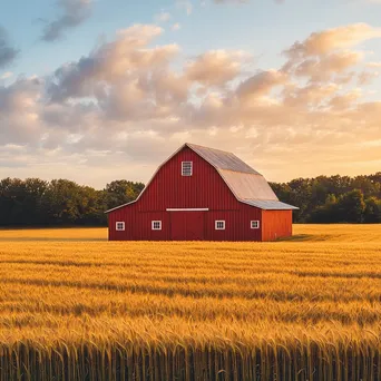 Rustic red barn in golden wheat fields at sunset - Image 4