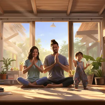 Family practicing yoga in their living room. - Image 1