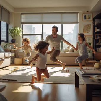 Family practicing yoga in their living room. - Image 2