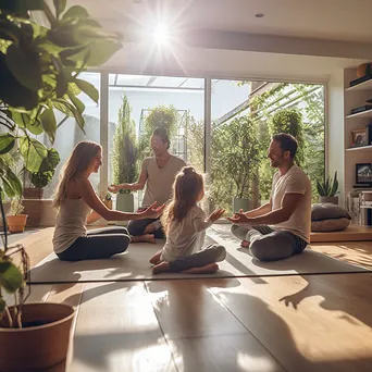 Family practicing yoga in their living room. - Image 3