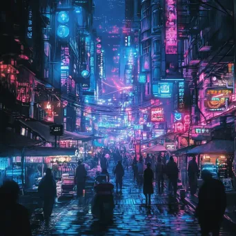 Manga-style representation of a bustling cyberpunk market street at night - Image 1