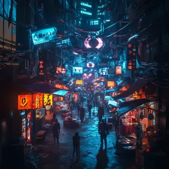 Manga-style representation of a bustling cyberpunk market street at night - Image 4