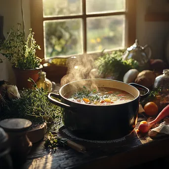 Homemade organic soup in a pot with vegetables and herbs in a cozy kitchen setting. - Image 1