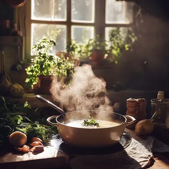 Homemade organic soup in a pot with vegetables and herbs in a cozy kitchen setting. - Image 2